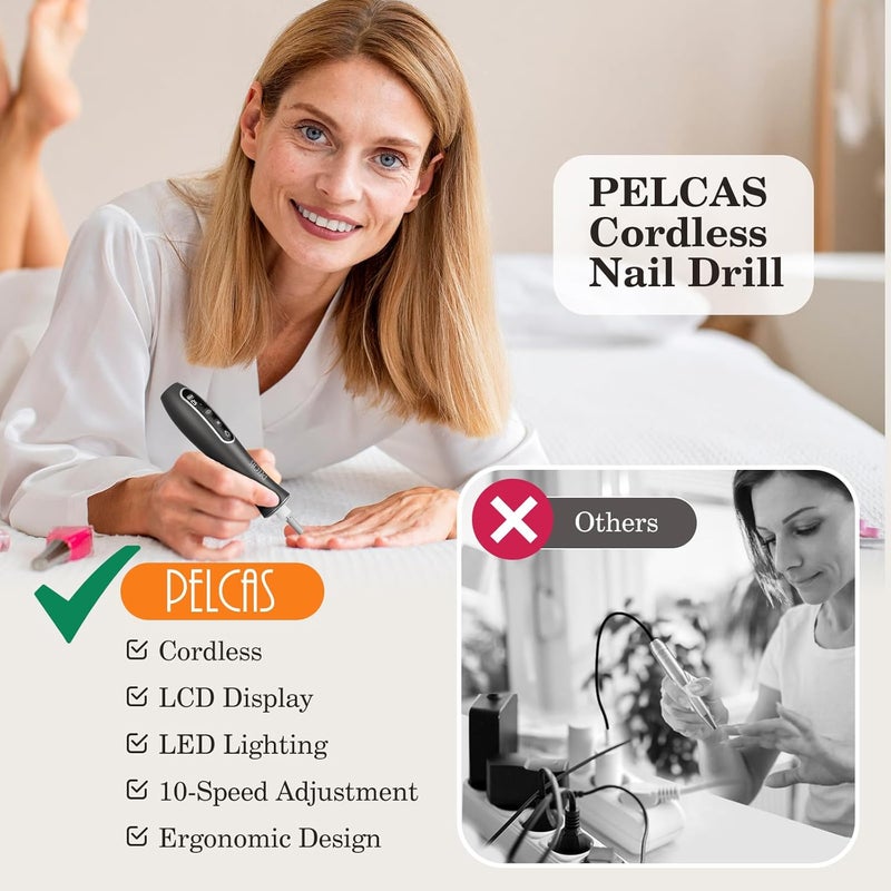PELCAS Electric Nail Drills, Professional Cordless Nail File Kit with Light, 10 Speeds Manicure & Pedicure Kit for Human, Pet, Thick Toenails, Natural & Acrylic Nails Grey - Image 3